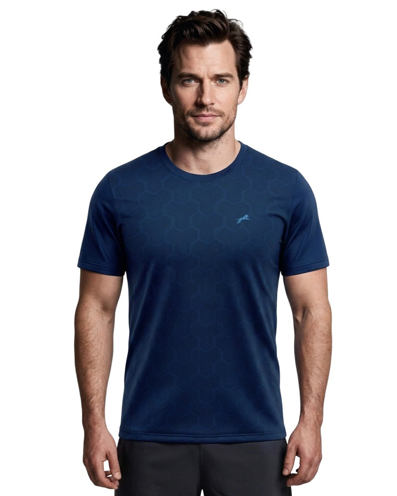 Core tee in indigo, on model