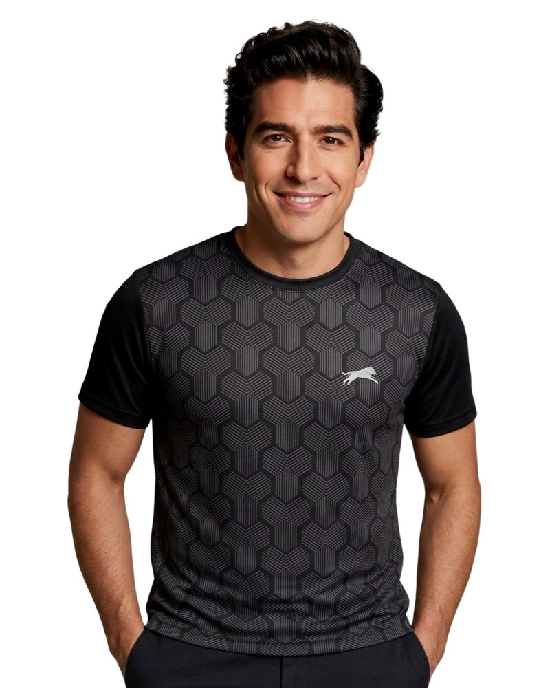 Core tee in black, on model